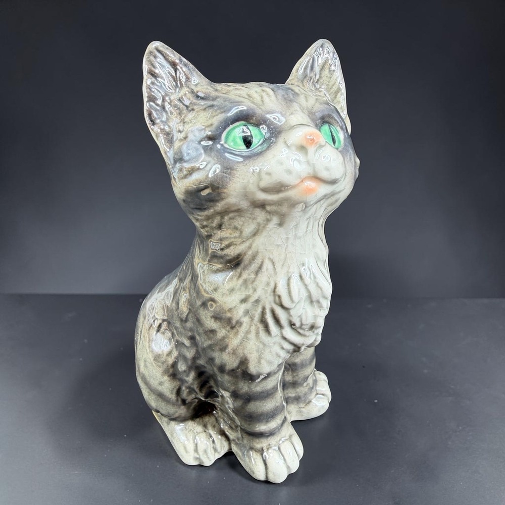 Vintage Goebel W Germany Ceramic Cat Figurine Green Eyes Tabby Kitten Vintage
